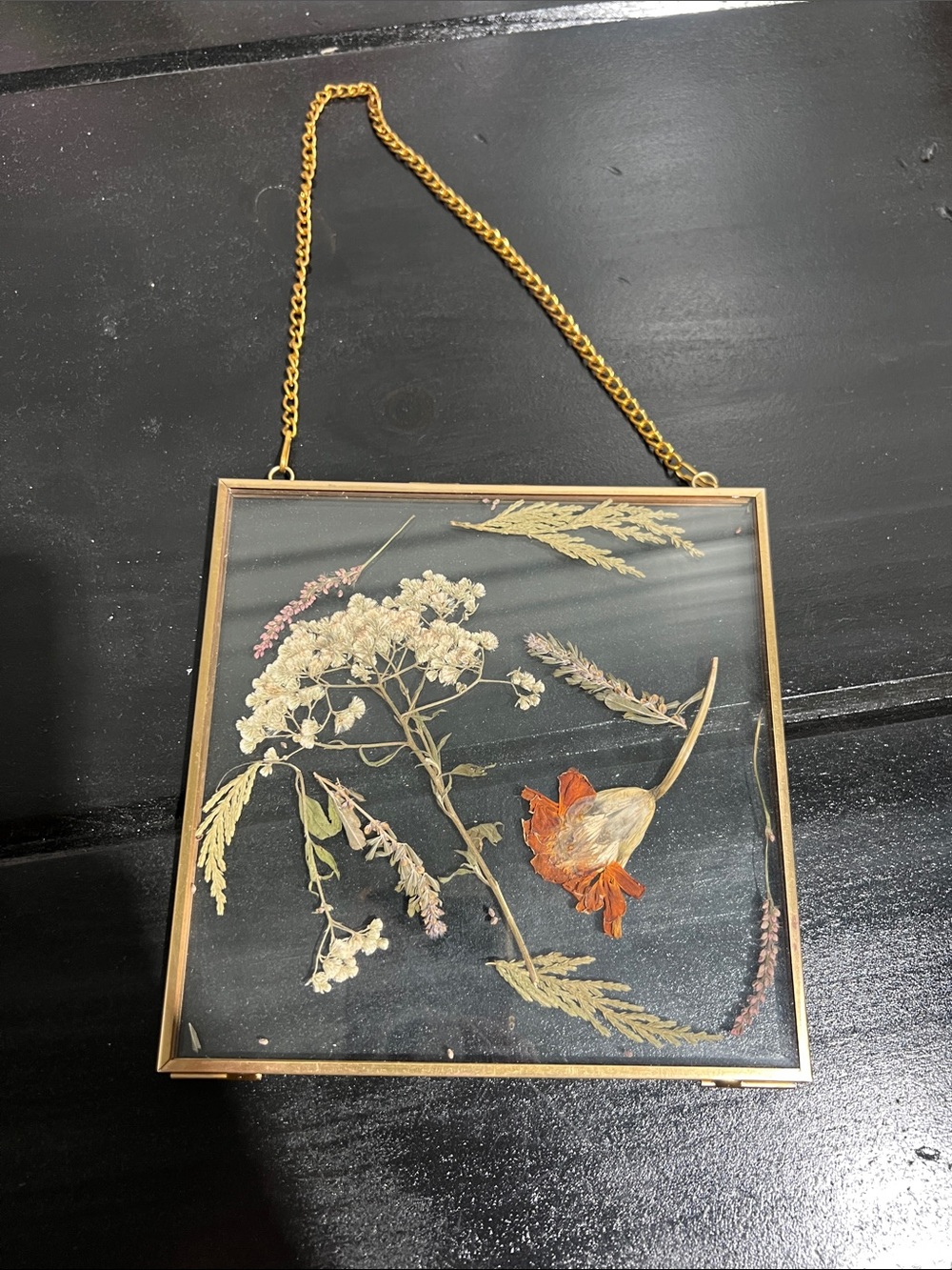 Pressed Floral Glass Frame with Gold Chain